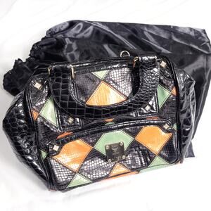 MCM Harlequin Satchel Bag Croc Embossed Leather Black Y2K Collector